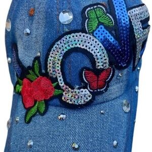Embellished Denim Cap with Floral and Sequin Details
